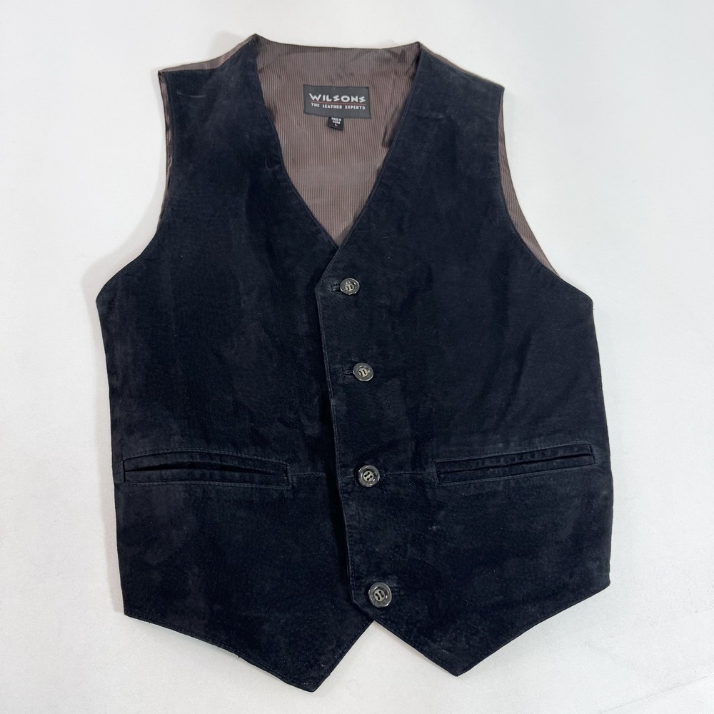 Wilsons Leather Vest Mens Large Black Button Front Quilted Lined Formal Dressy